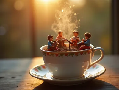 Miniature Figurines Playing Music Inside A Teacup