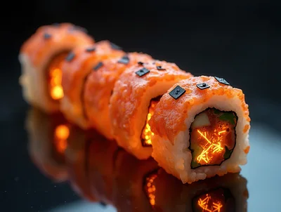 Glowing Spicy Tuna Sushi Rolls On Reflective Surface