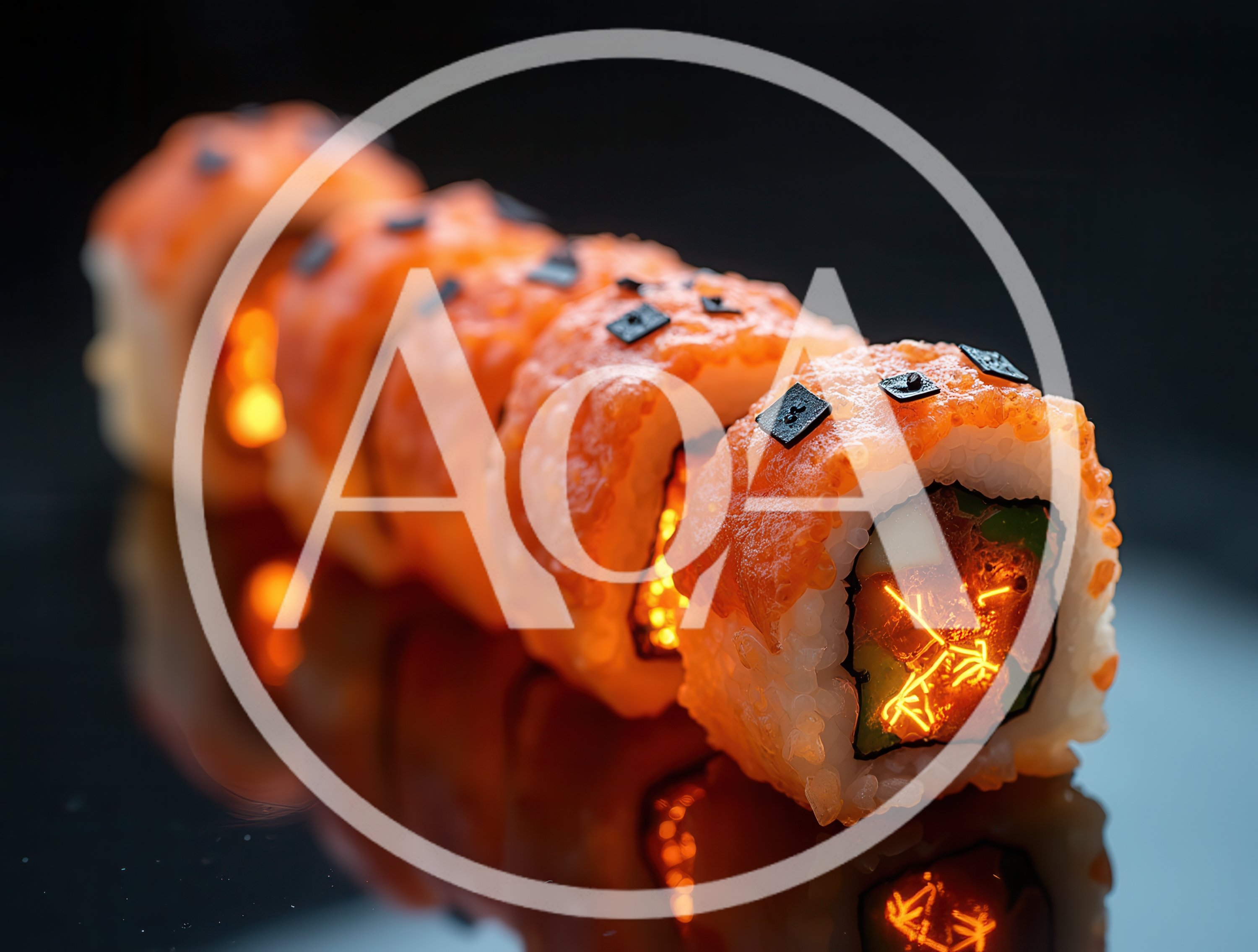 Glowing Spicy Tuna Sushi Rolls On Reflective Surface