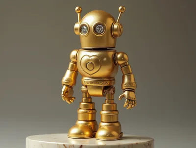 Golden Robot Figurine Standing On Marble Pedestal