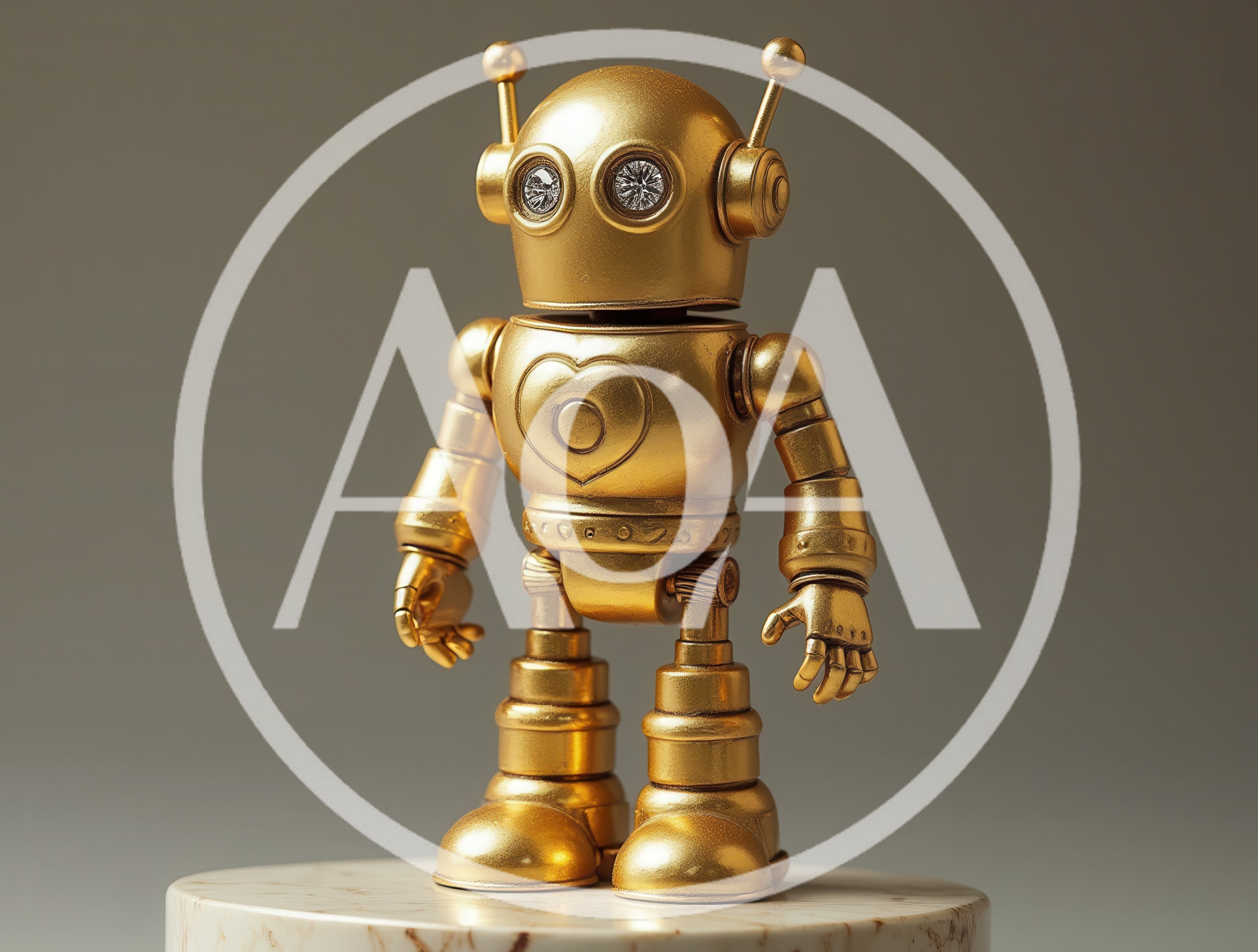 Golden Robot Figurine Standing On Marble Pedestal