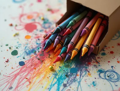 Colorful Crayons Spilling From A Cardboard Box