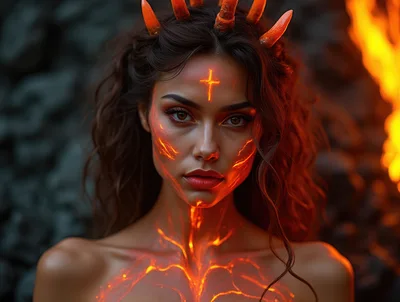 Portrait Of A Fiery Demon Woman With Glowing Markings
