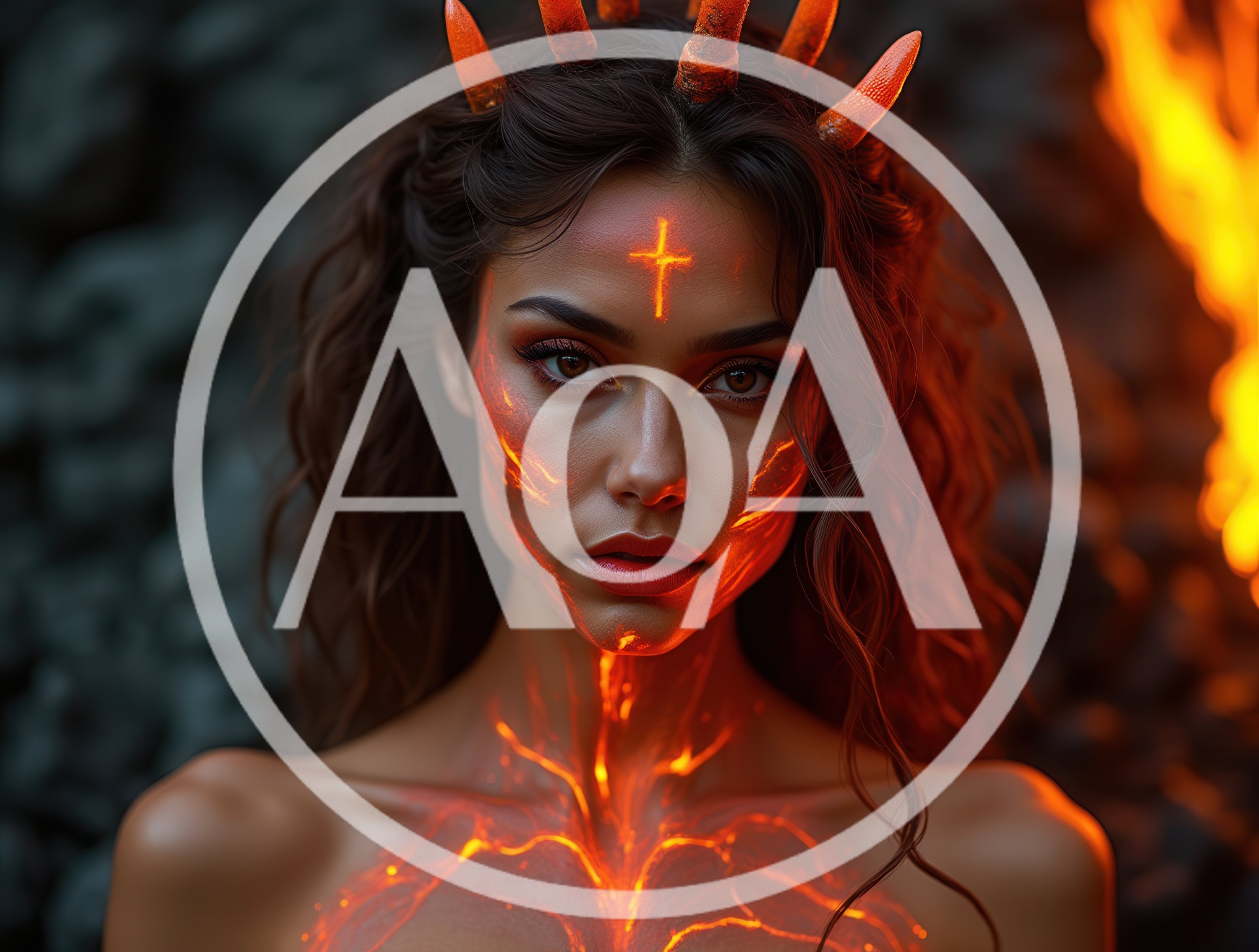 Portrait Of A Fiery Demon Woman With Glowing Markings