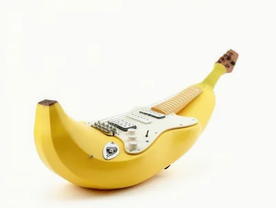 Surreal Banana Shaped Electric Guitar On White Background