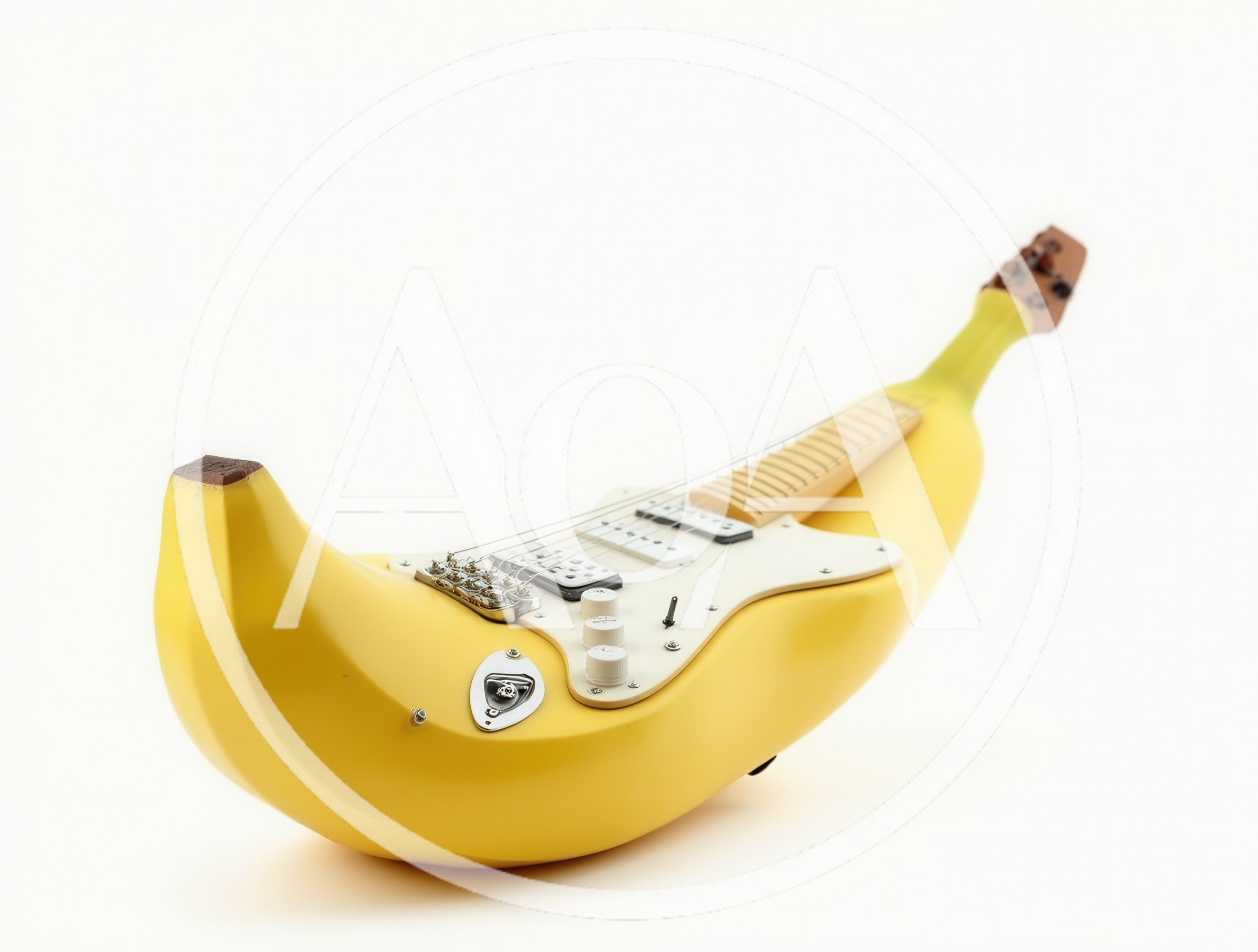 Surreal Banana Shaped Electric Guitar On White Background