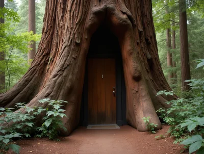 Wooden Door Built Into A Massive Redwood Tree