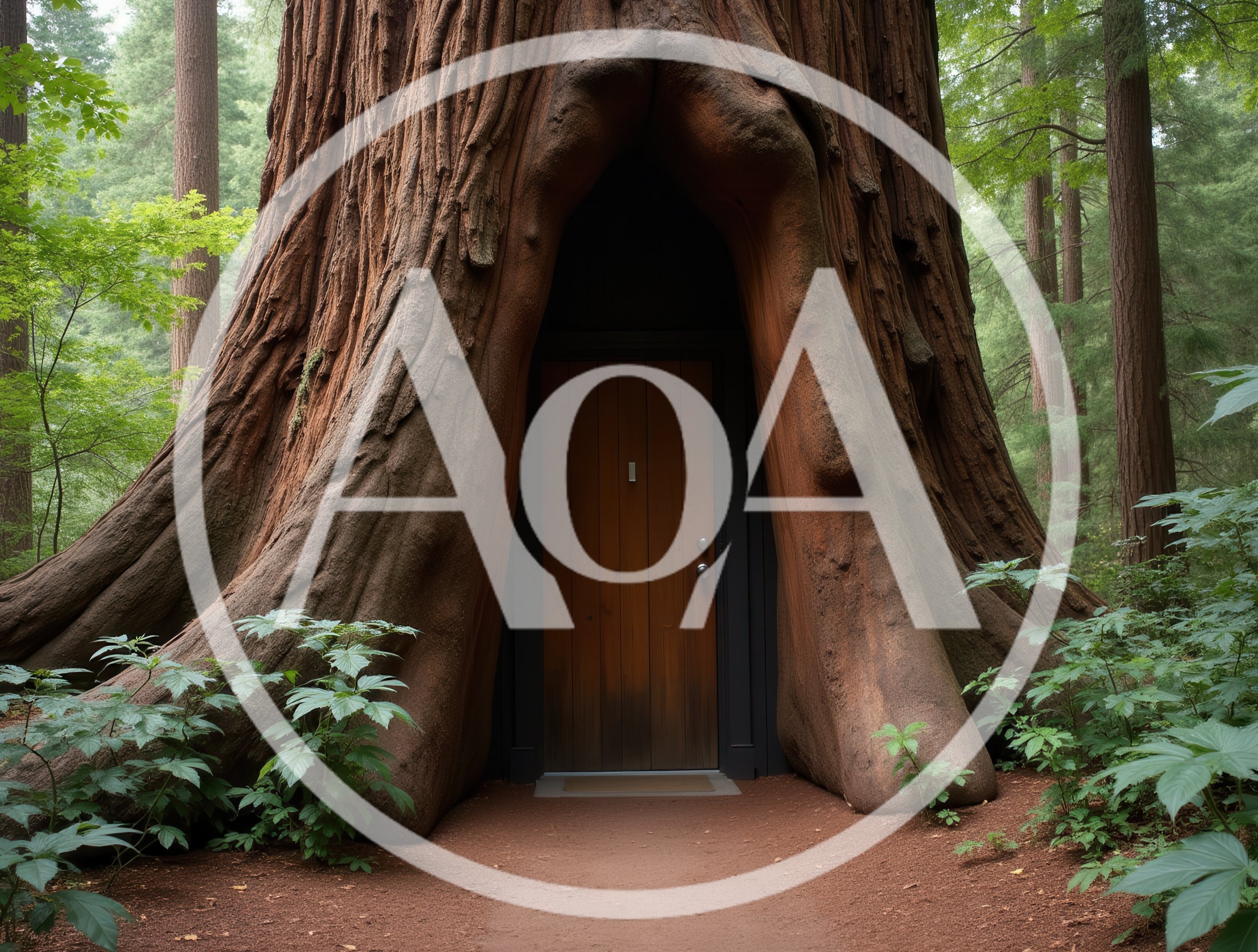 Wooden Door Built Into A Massive Redwood Tree