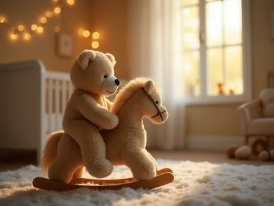 Teddy Bear Riding A Wooden Rocking Horse