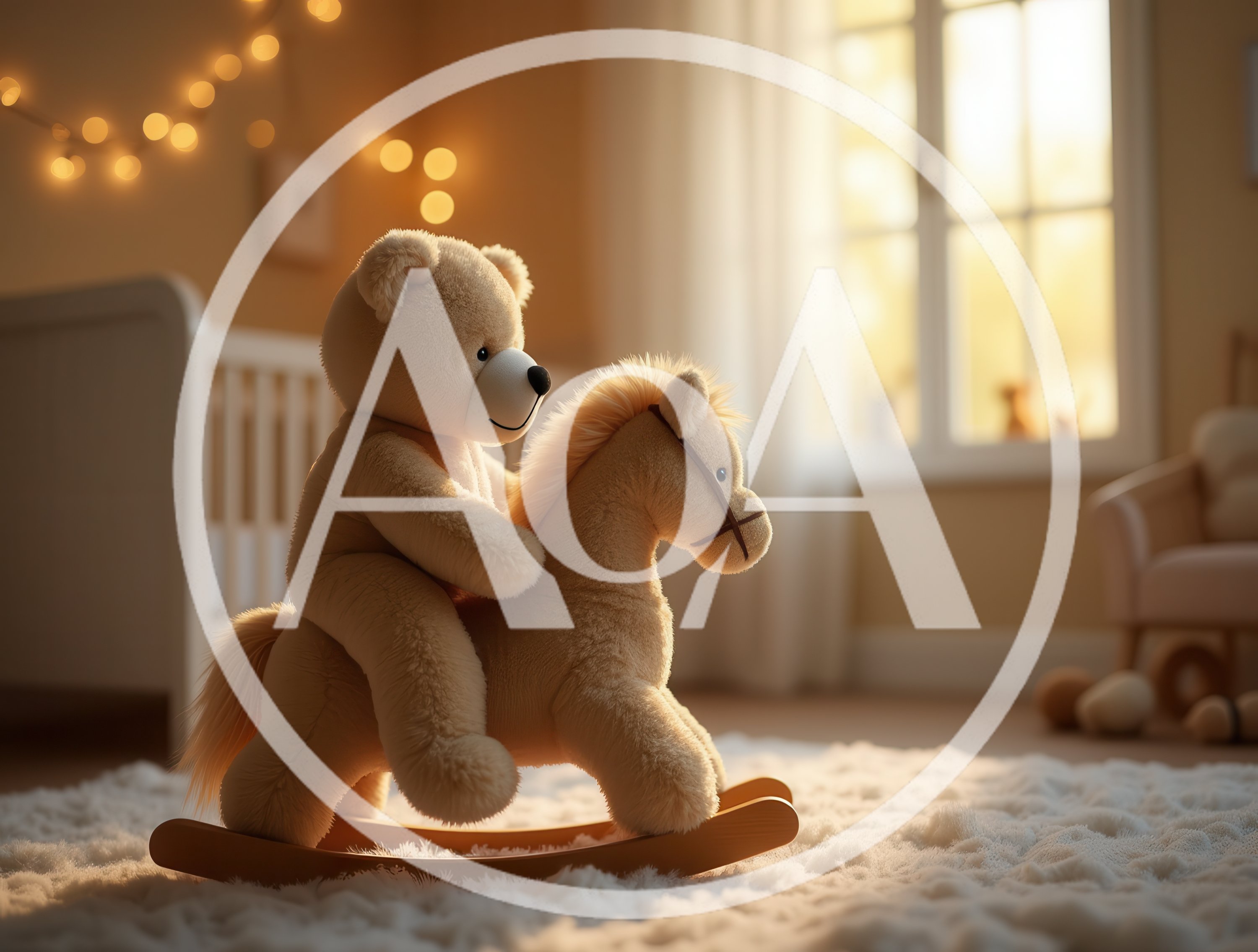 Teddy Bear Riding A Wooden Rocking Horse