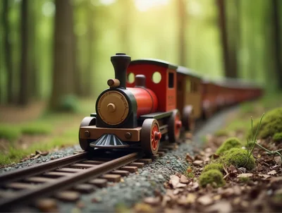 Miniature Toy Train On Tracks In Forest