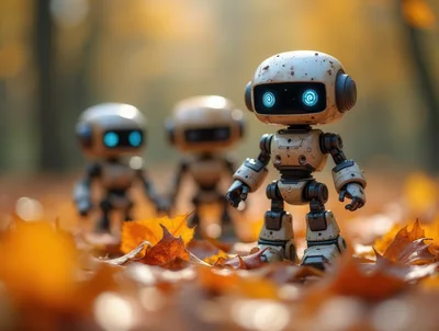 Three Small Robots Standing In Autumn Leaves
