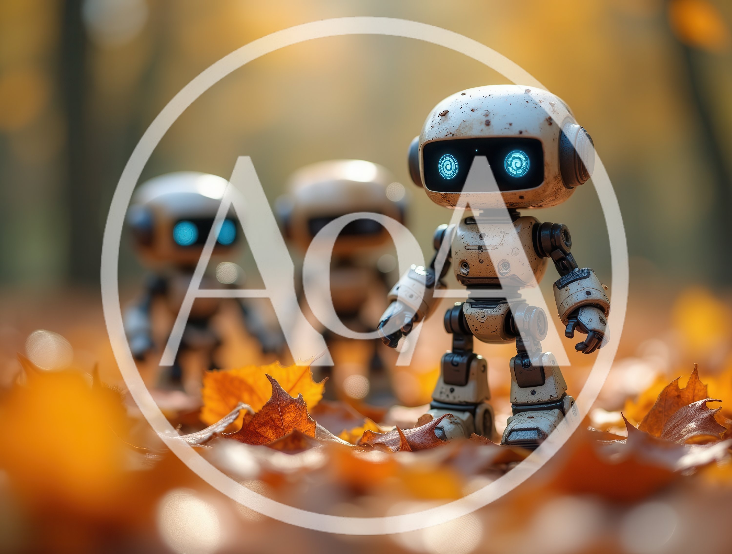 Three Small Robots Standing In Autumn Leaves