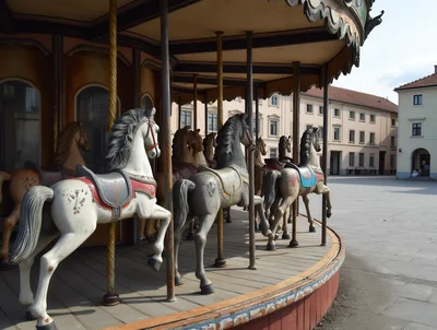 Vintage Carousel Horses On A Quiet Town Square