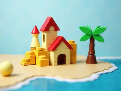 Toy Building Block Castle On A Miniature Island