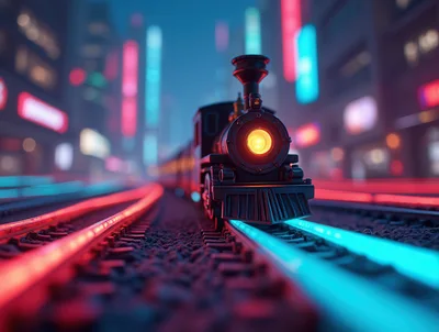 Cyberpunk Steam Locomotive Traveling Through Neon City