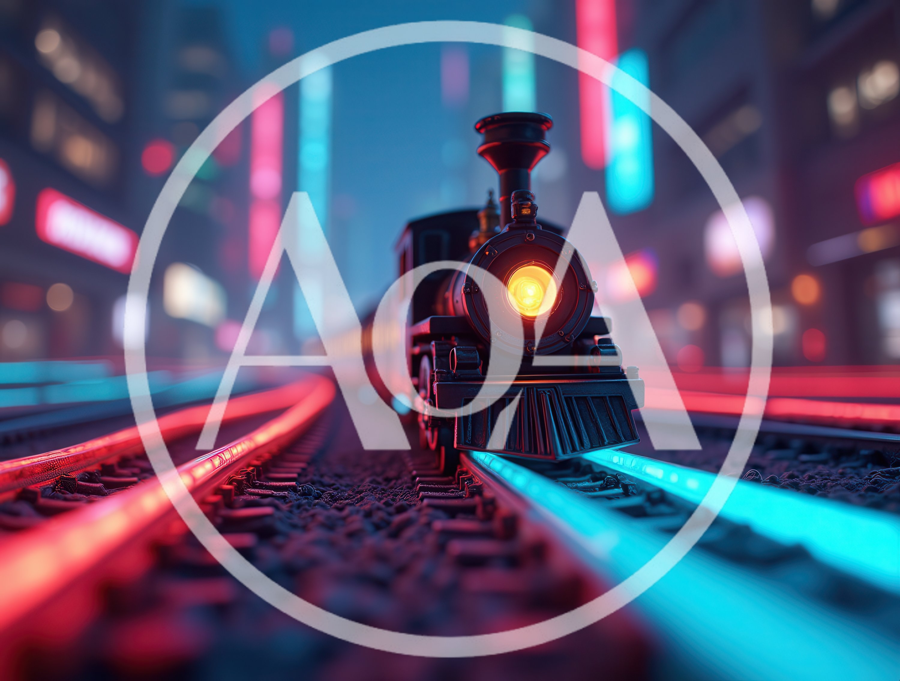 Cyberpunk Steam Locomotive Traveling Through Neon City