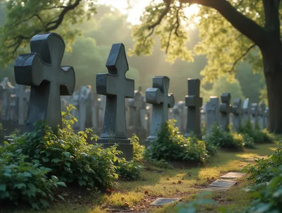 Sunlit Cemetery With Rows Of Stone Cross Grave Markers