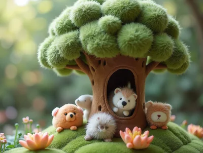 Cute Plush Animals Under A Fuzzy Tree