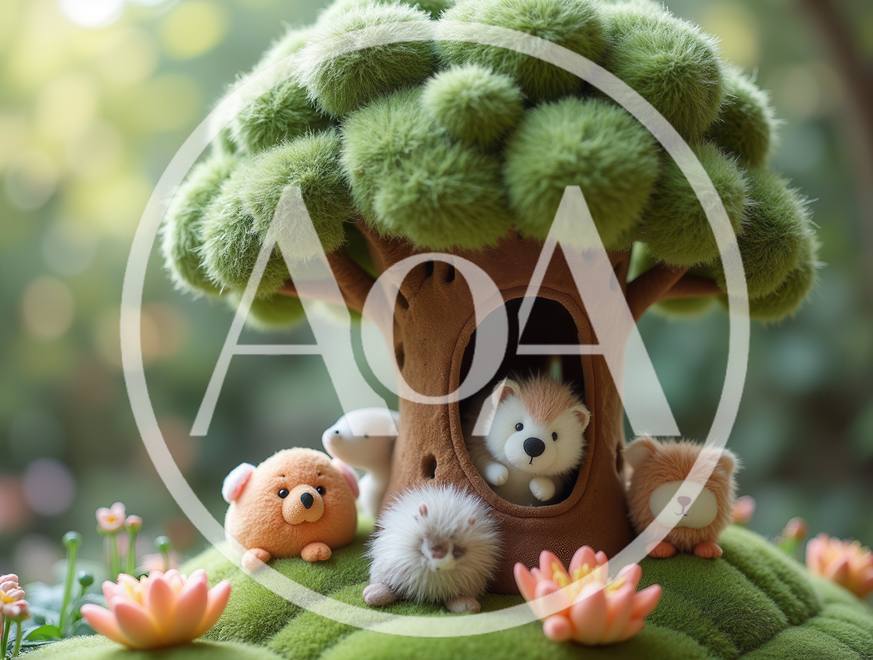 Cute Plush Animals Under A Fuzzy Tree