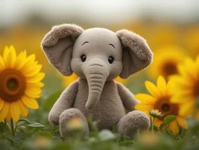 Plush Elephant Toy Sitting In A Sunflower Field