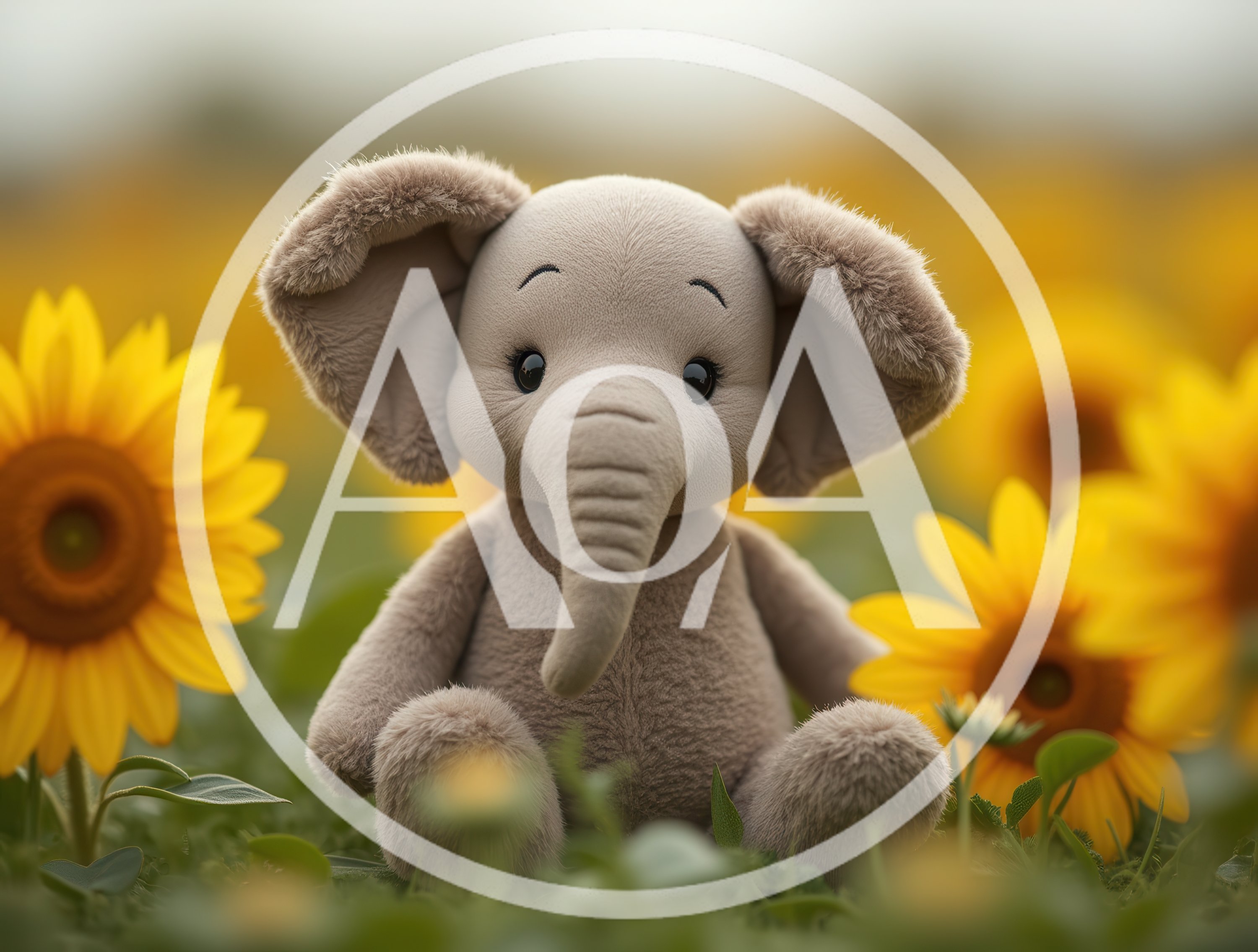 Plush Elephant Toy Sitting In A Sunflower Field