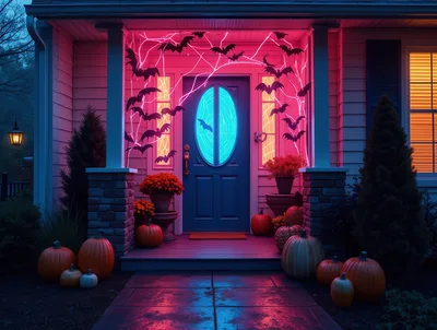 Halloween Decorated Porch With Neon Lights And Pumpkins