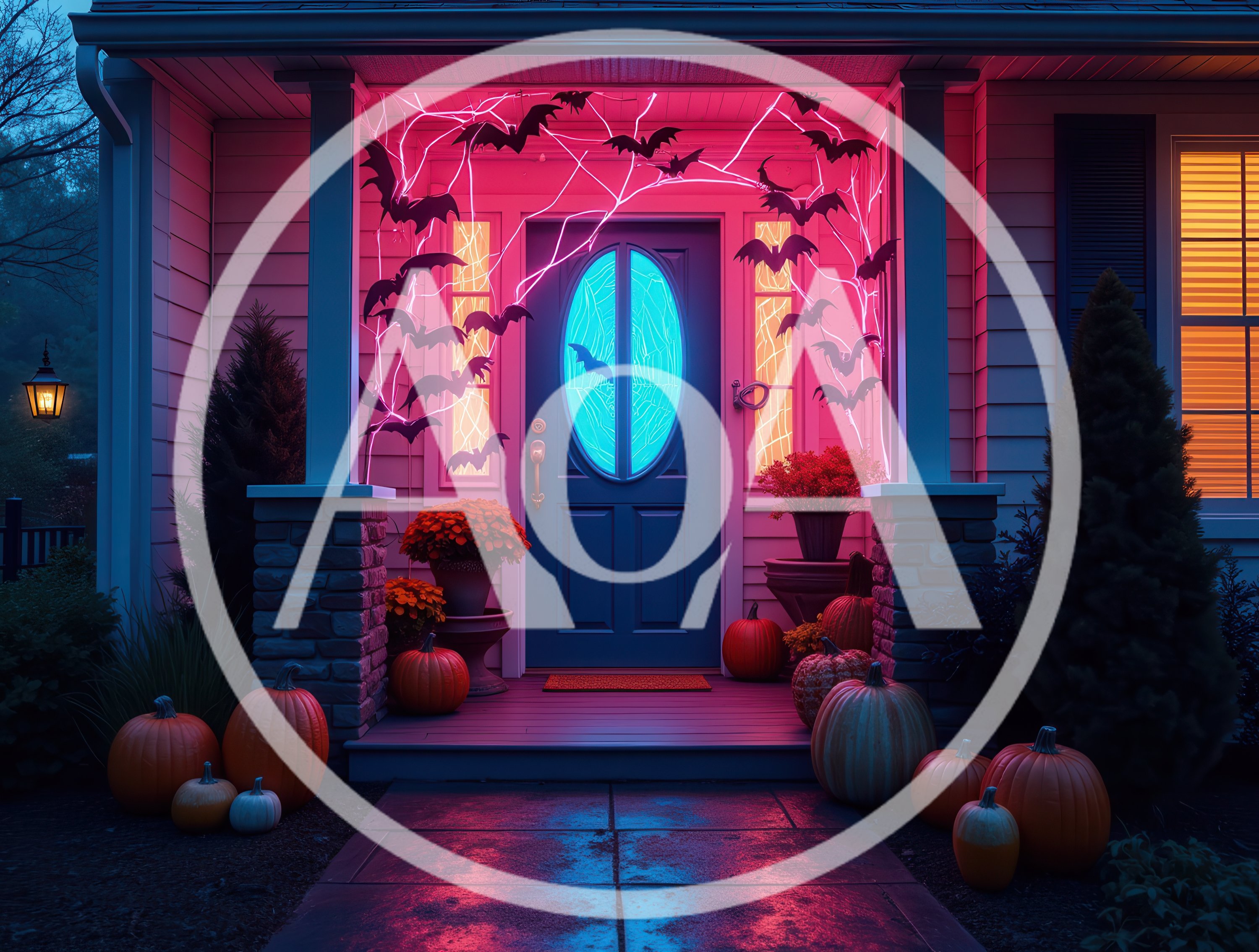 Halloween Decorated Porch With Neon Lights And Pumpkins