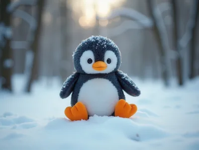 Plush Penguin Toy Sitting In Snowy Forest