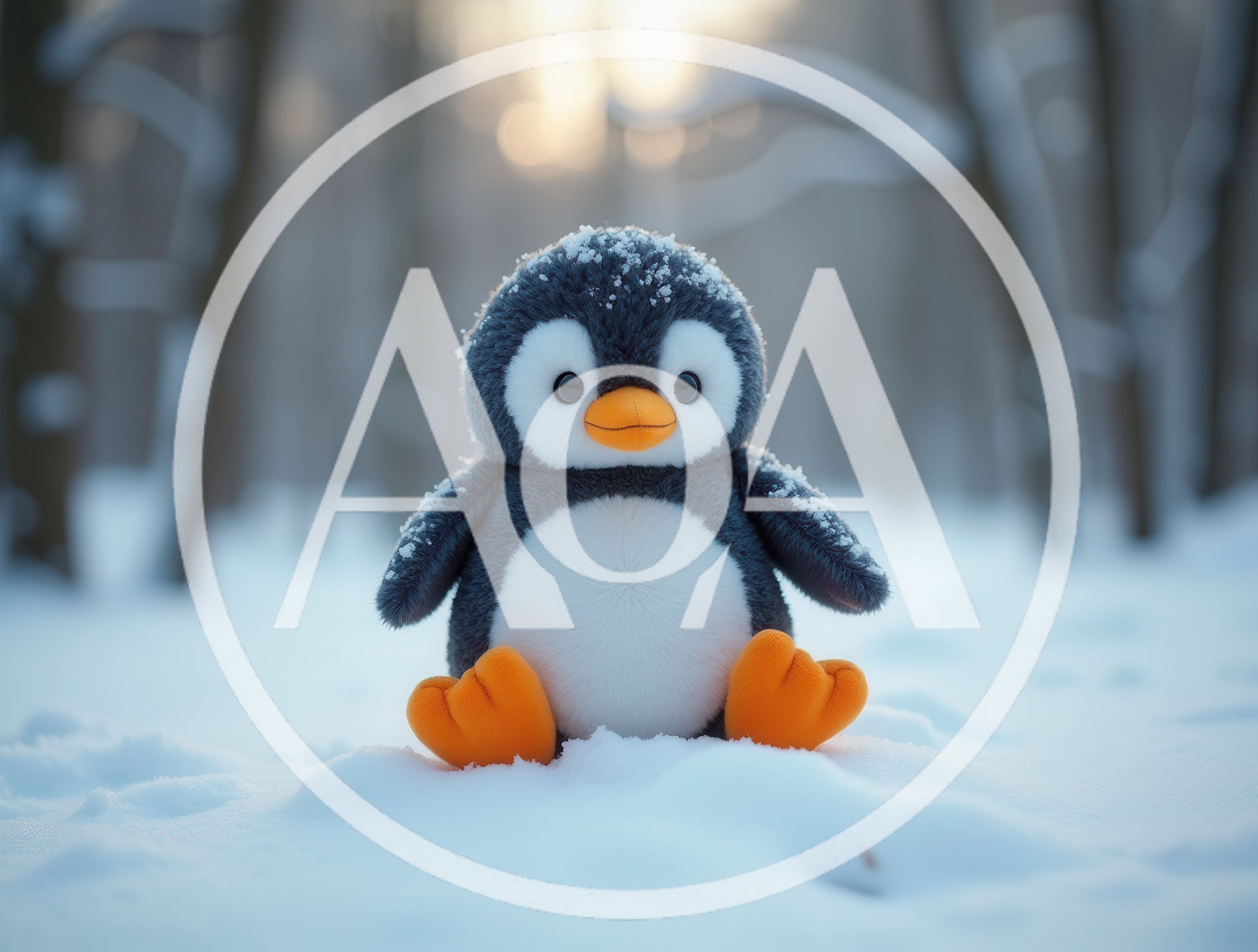 Plush Penguin Toy Sitting In Snowy Forest