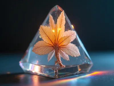 Golden Leaf Encased In A Clear Resin Pyramid