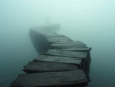 Wooden Pier Extending Into Thick Fog Over Water