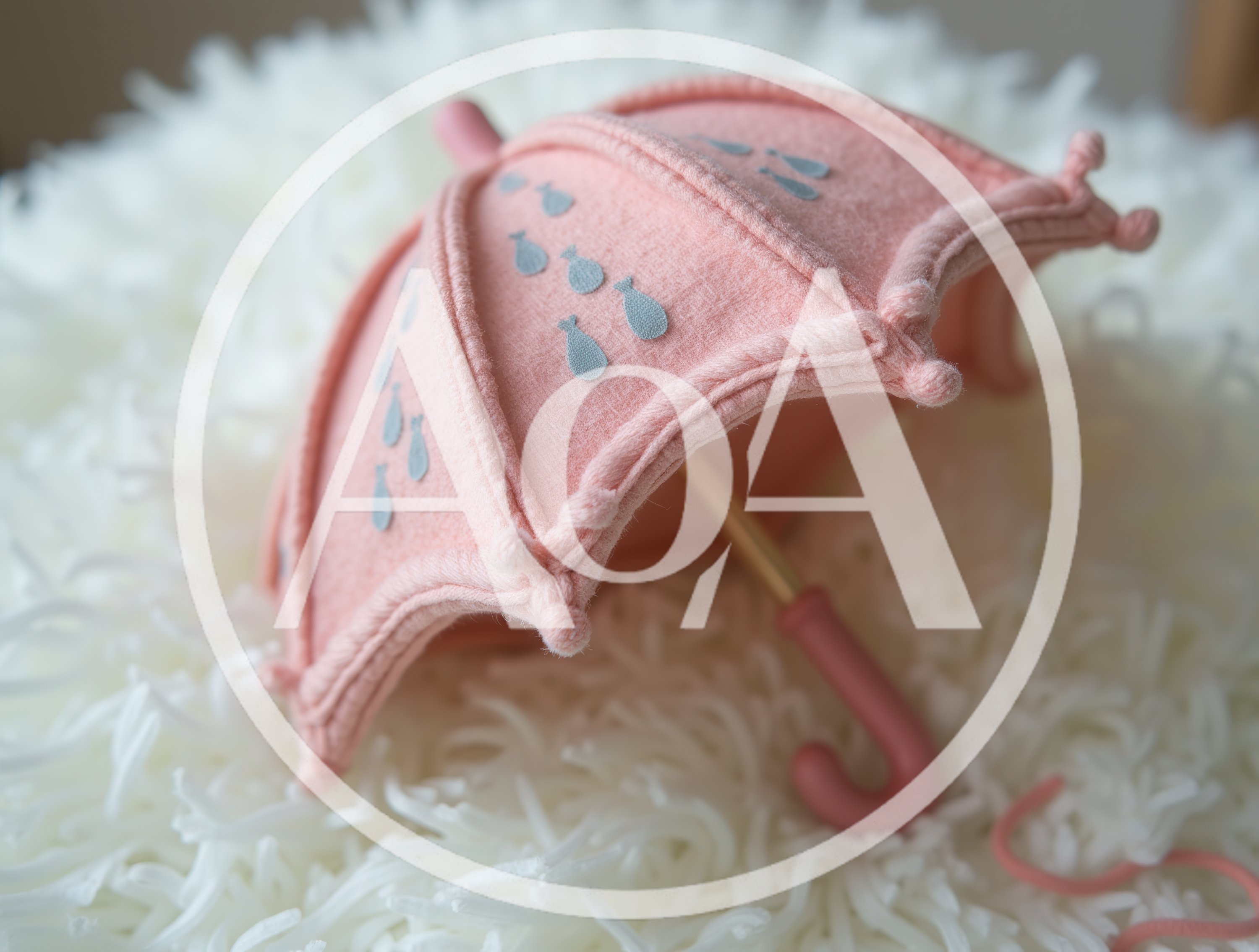 Miniature Pink Umbrella Toy on White Shag Rug