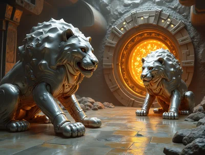 Two Metallic Robotic Lions Guarding A Glowing Portal