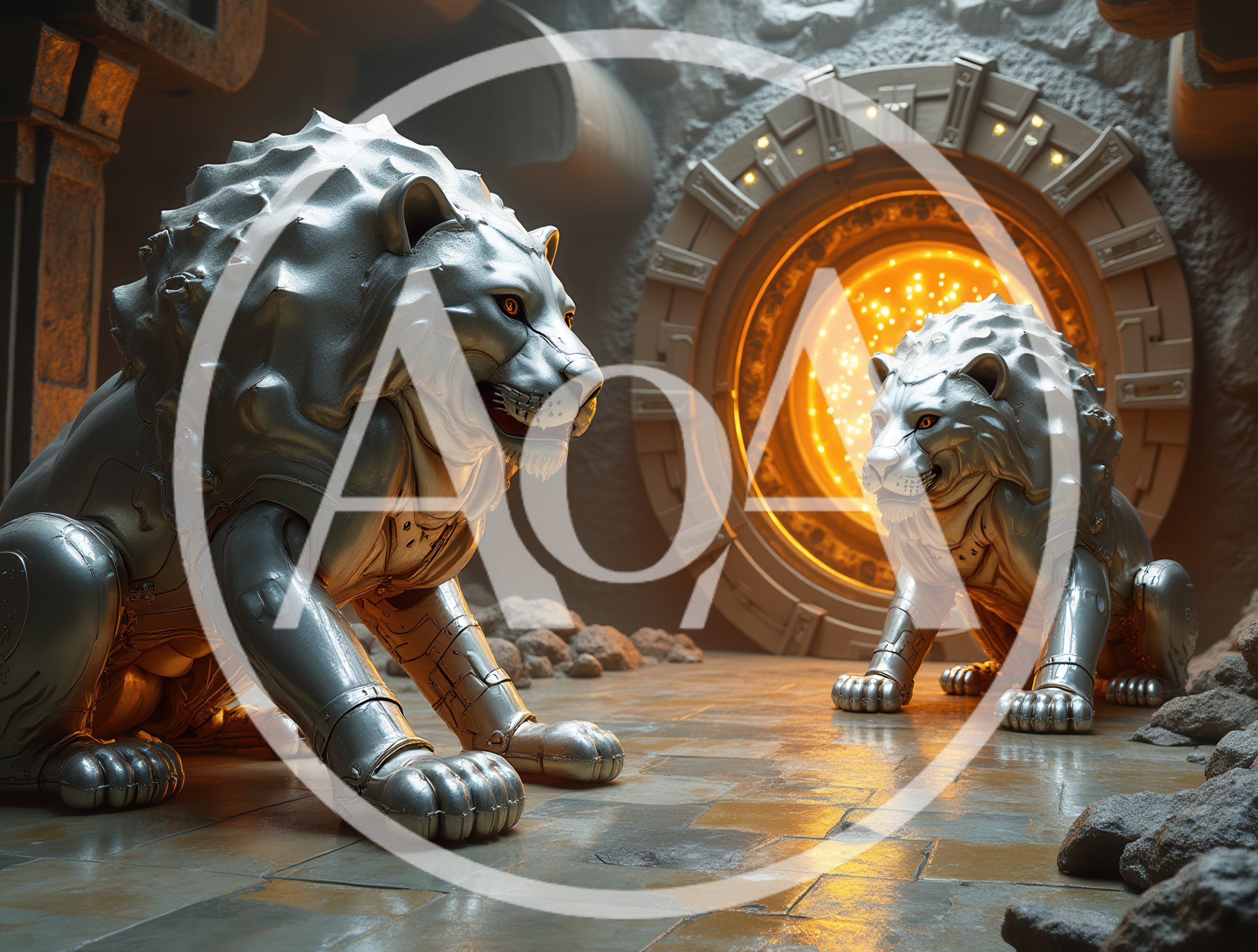 Two Metallic Robotic Lions Guarding A Glowing Portal