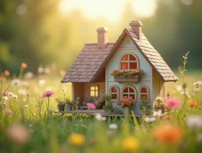 Miniature Dollhouse Sitting in a Sunny Wildflower Meadow