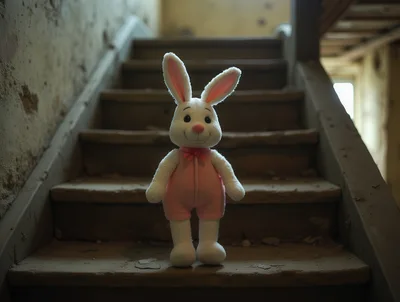 Stuffed Rabbit Toy Standing On Abandoned Wooden Stairs