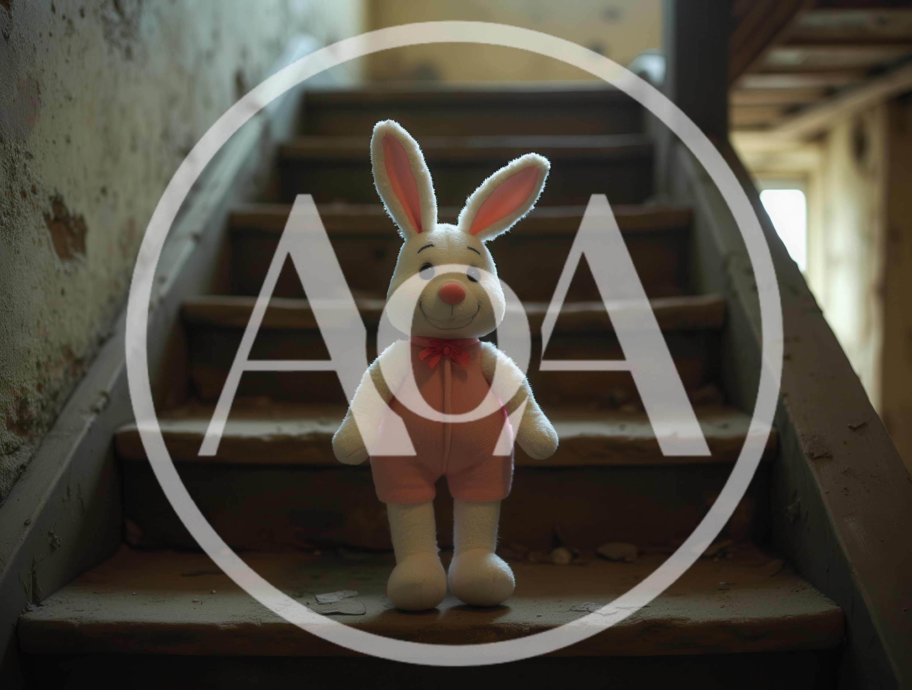 Stuffed Rabbit Toy Standing On Abandoned Wooden Stairs