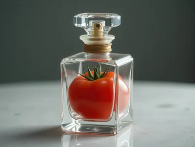 Fresh Red Tomato Inside A Glass Perfume Bottle