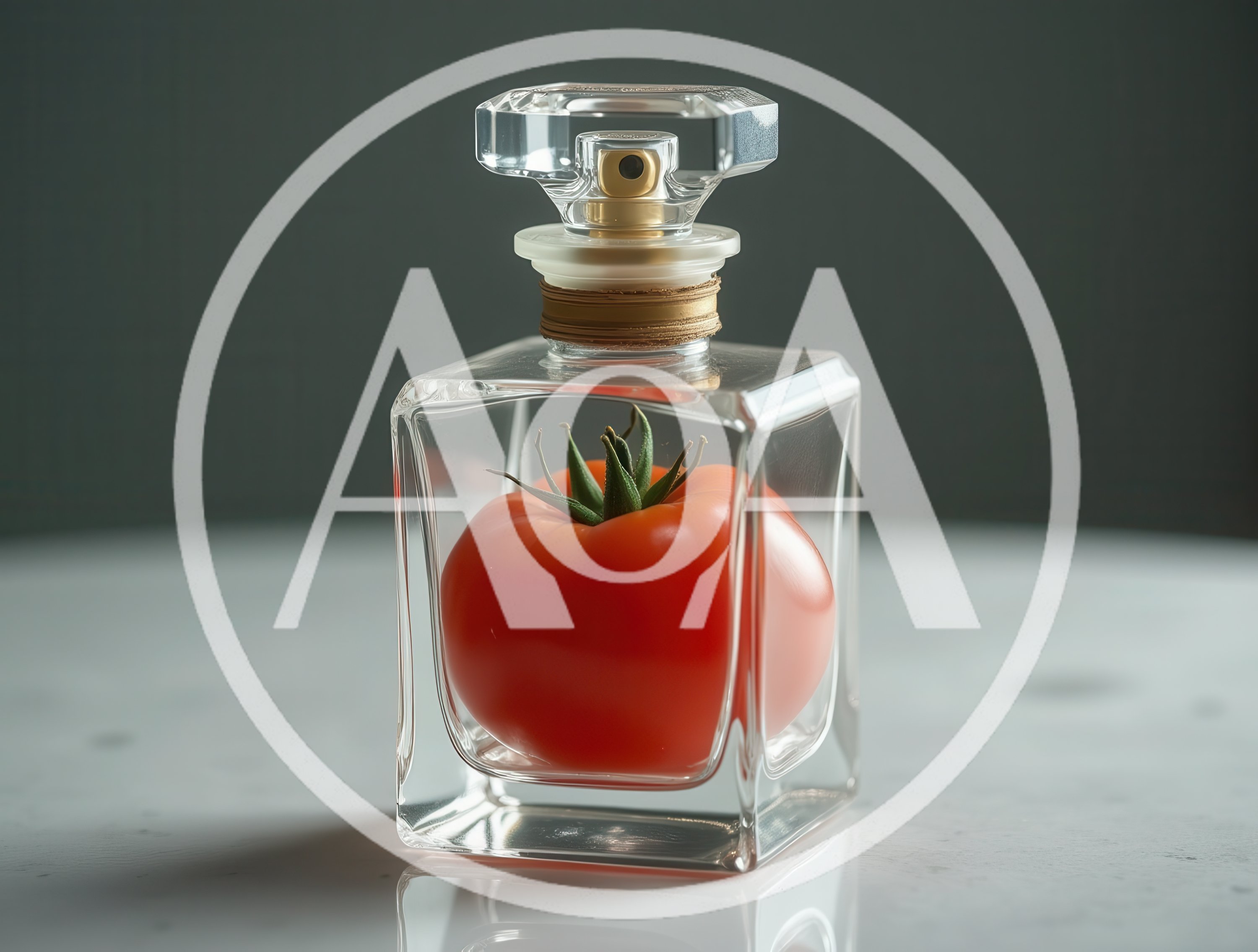 Fresh Red Tomato Inside A Glass Perfume Bottle
