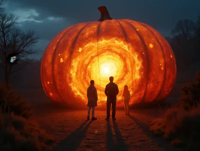 Three People Standing Before A Giant Glowing Pumpkin Portal