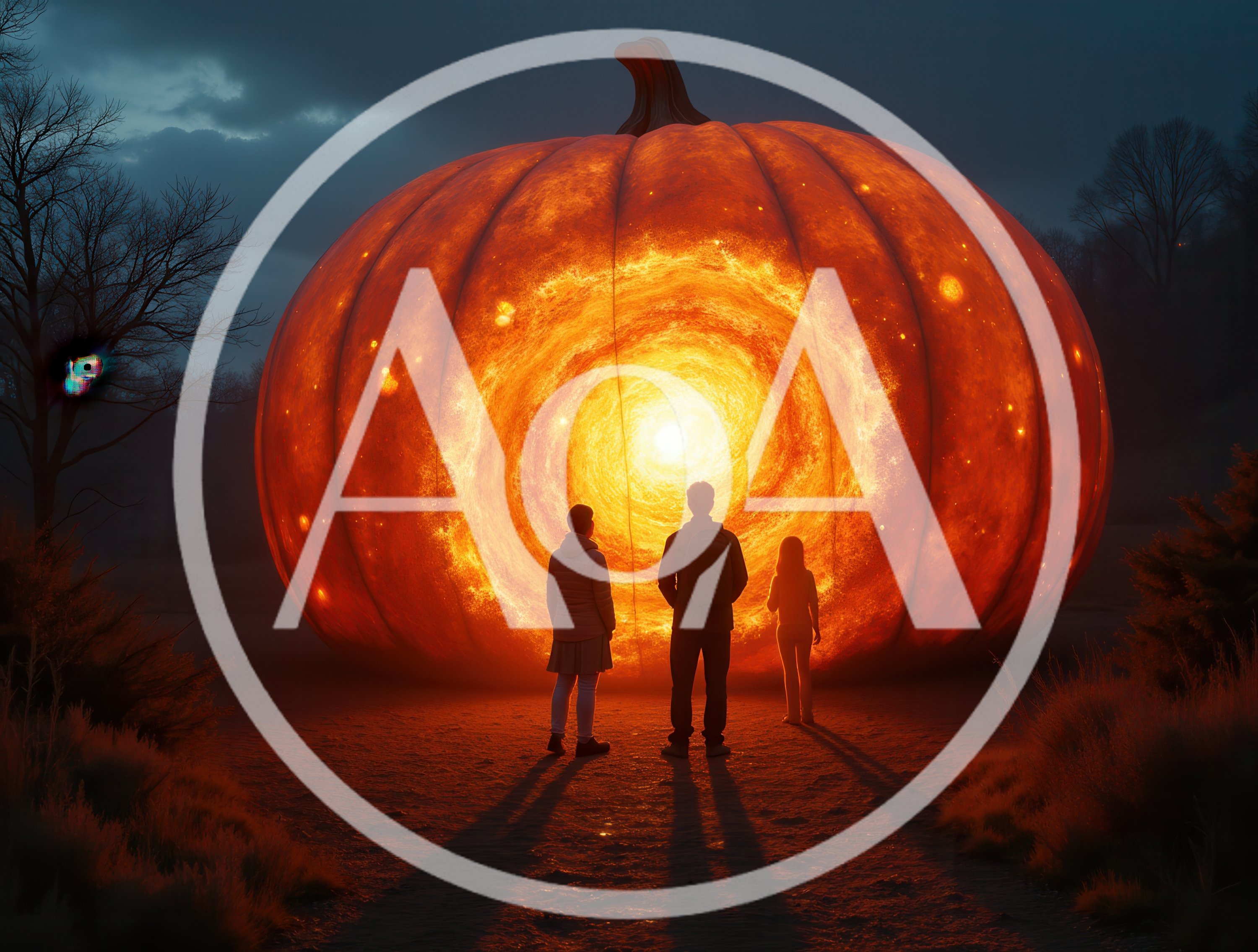 Three People Standing Before A Giant Glowing Pumpkin Portal
