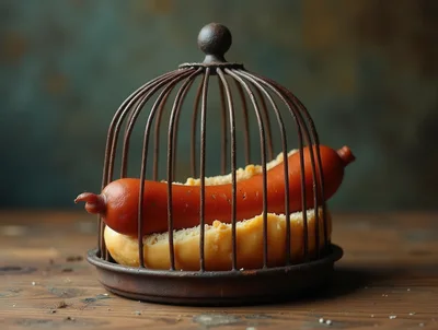 Hot Dog Inside A Decorative Metal Birdcage