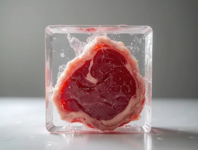 Raw Ribeye Steak Frozen Inside A Clear Ice Cube
