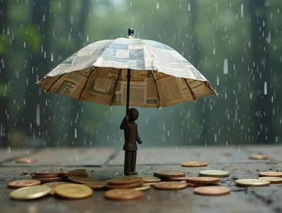 Small Figurine Holding Newspaper Umbrella Under Rain