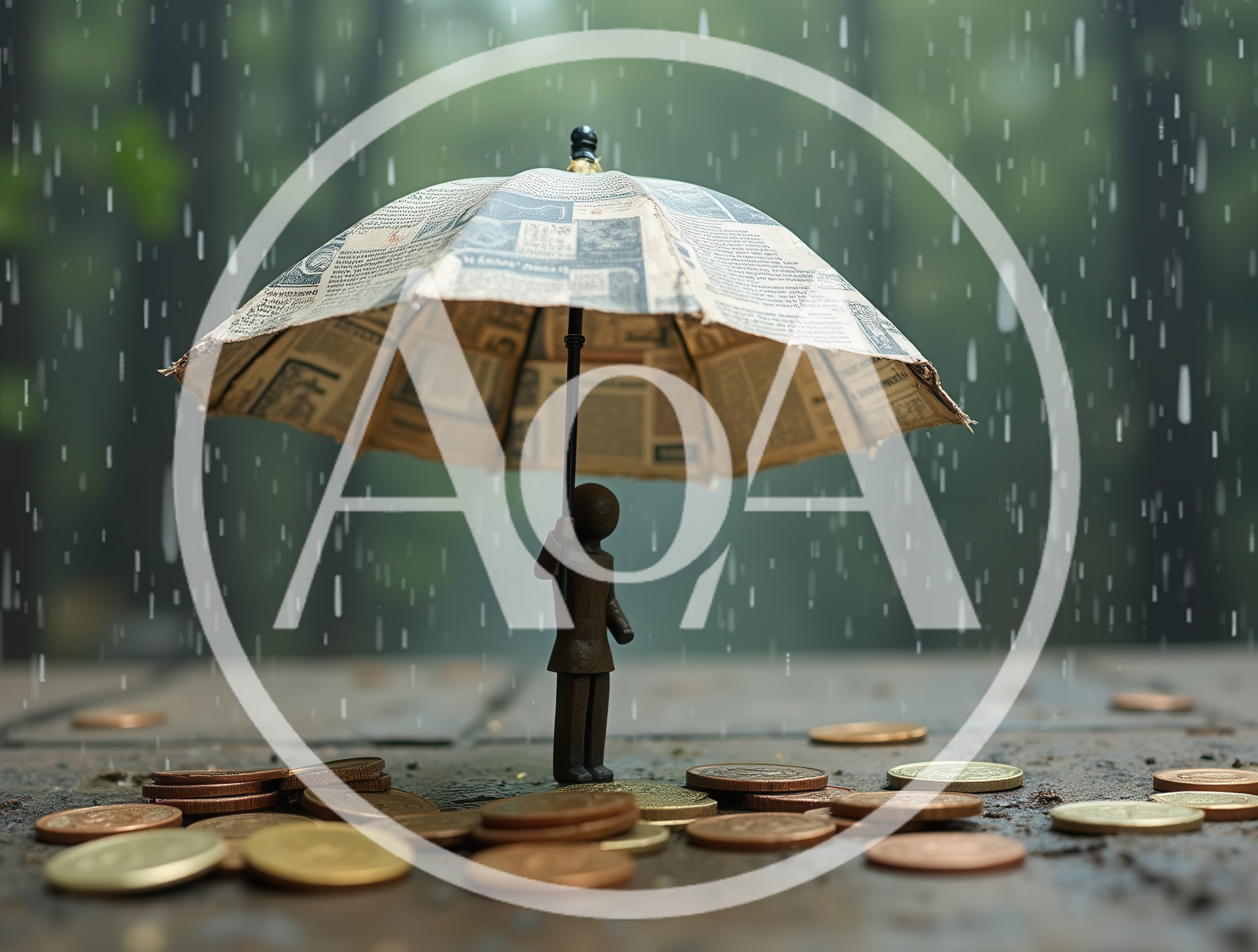 Small Figurine Holding Newspaper Umbrella Under Rain