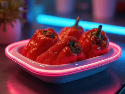 Red Bell Peppers in Neon Lit Bowl