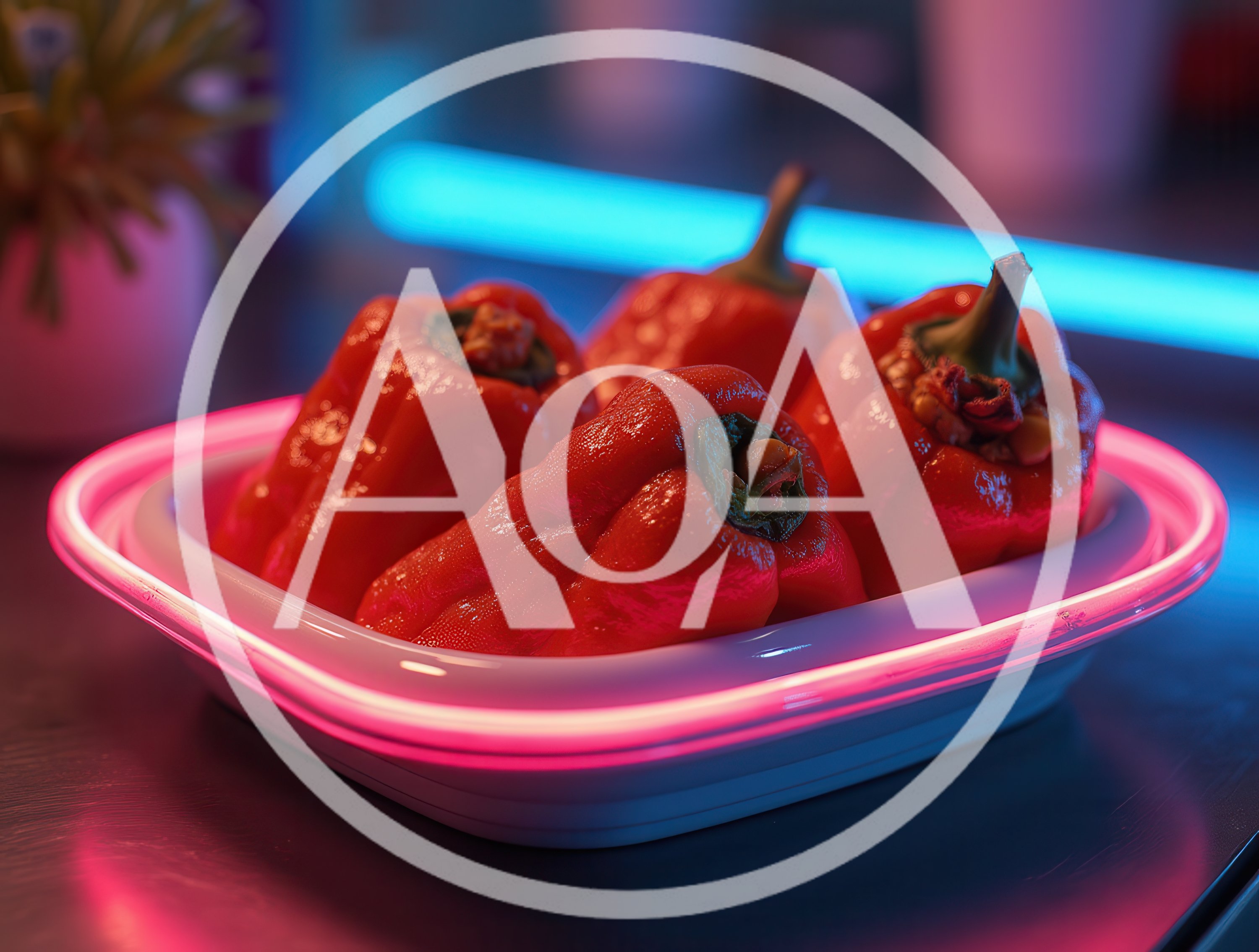 Red Bell Peppers in Neon Lit Bowl