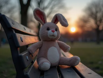 Plush Bunny Toy Sitting On A Park Bench