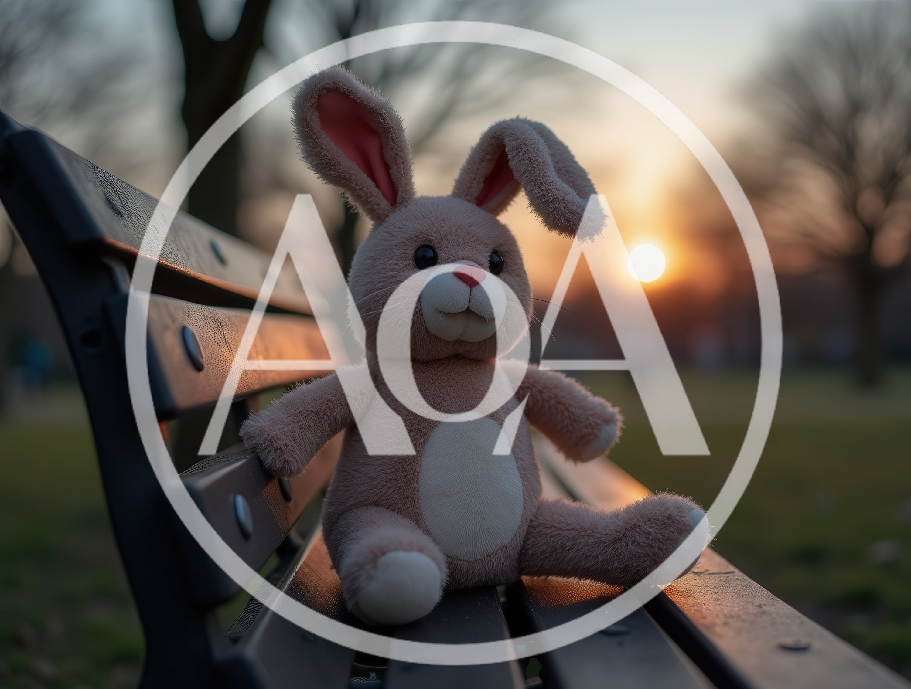 Plush Bunny Toy Sitting On A Park Bench